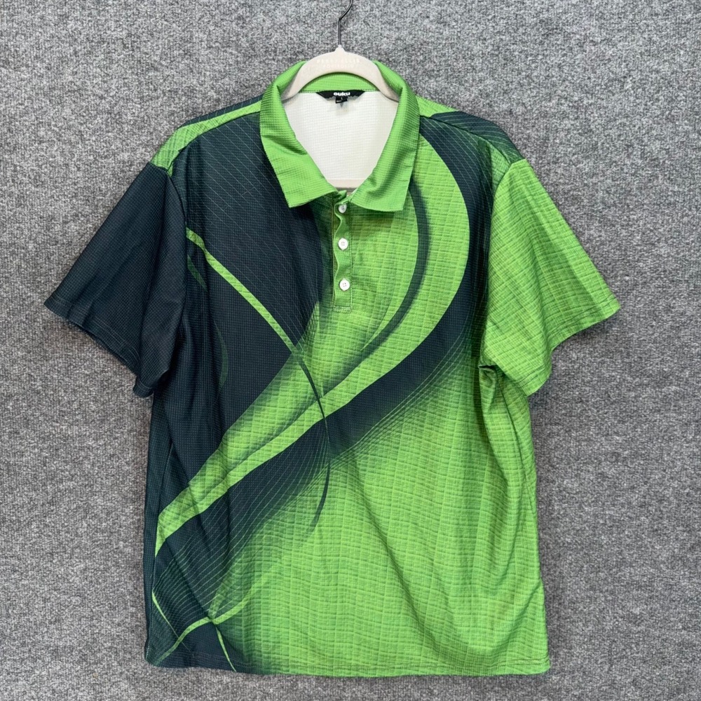 Ouku Polo Shirt Mens Large Green Abstract Graphic Print Sporty Golf Casual